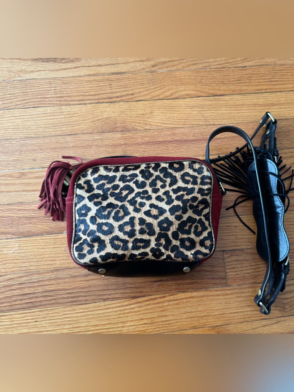 Sam Edelman Leopard Print Crossbody Bag with Burgundy Trim